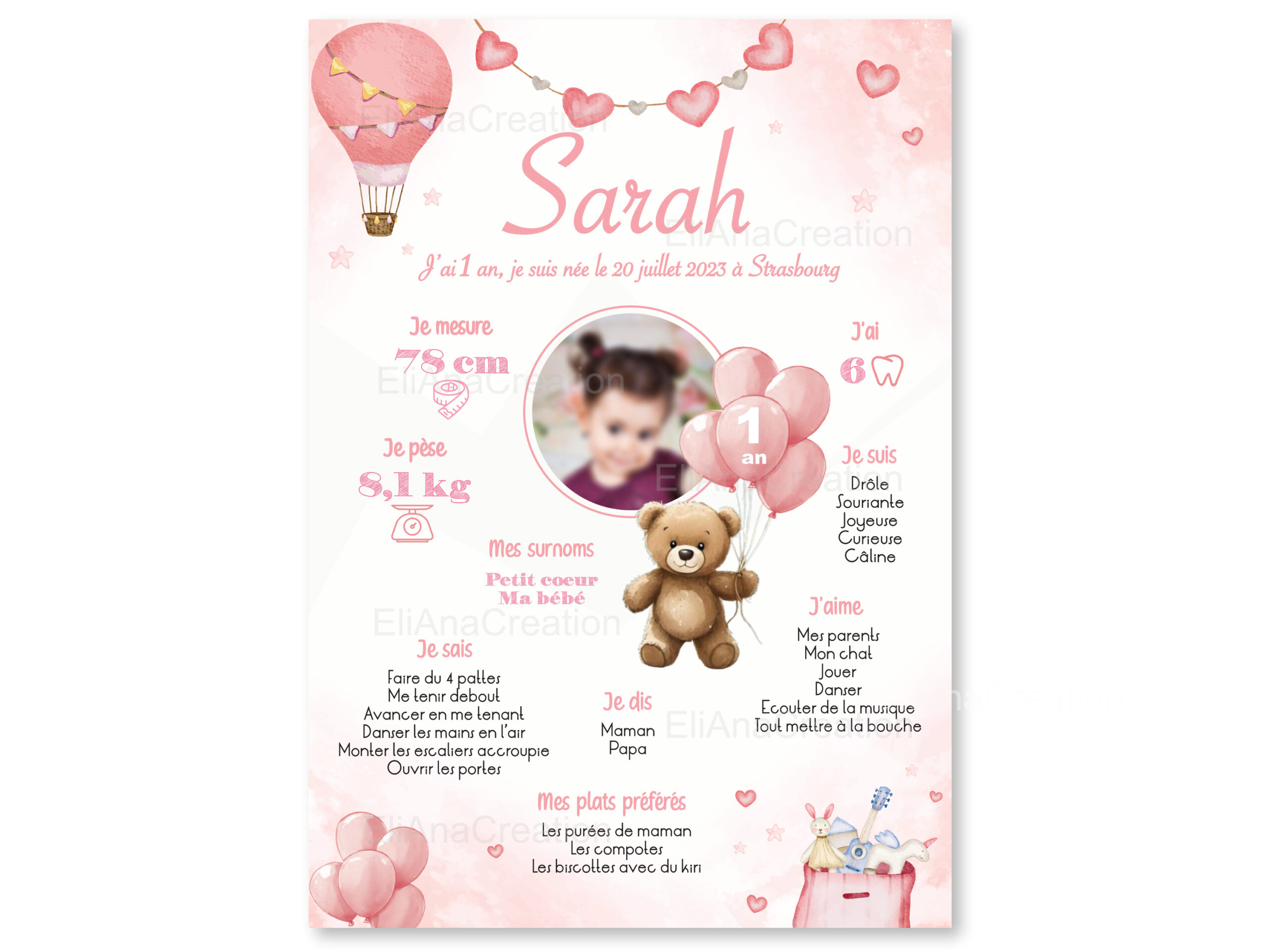 Affiche Anniversaire Ourson rose