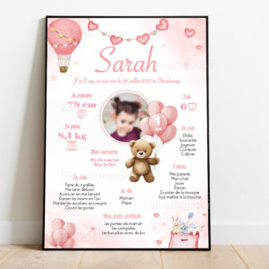 Affiche Anniversaire Ourson rose