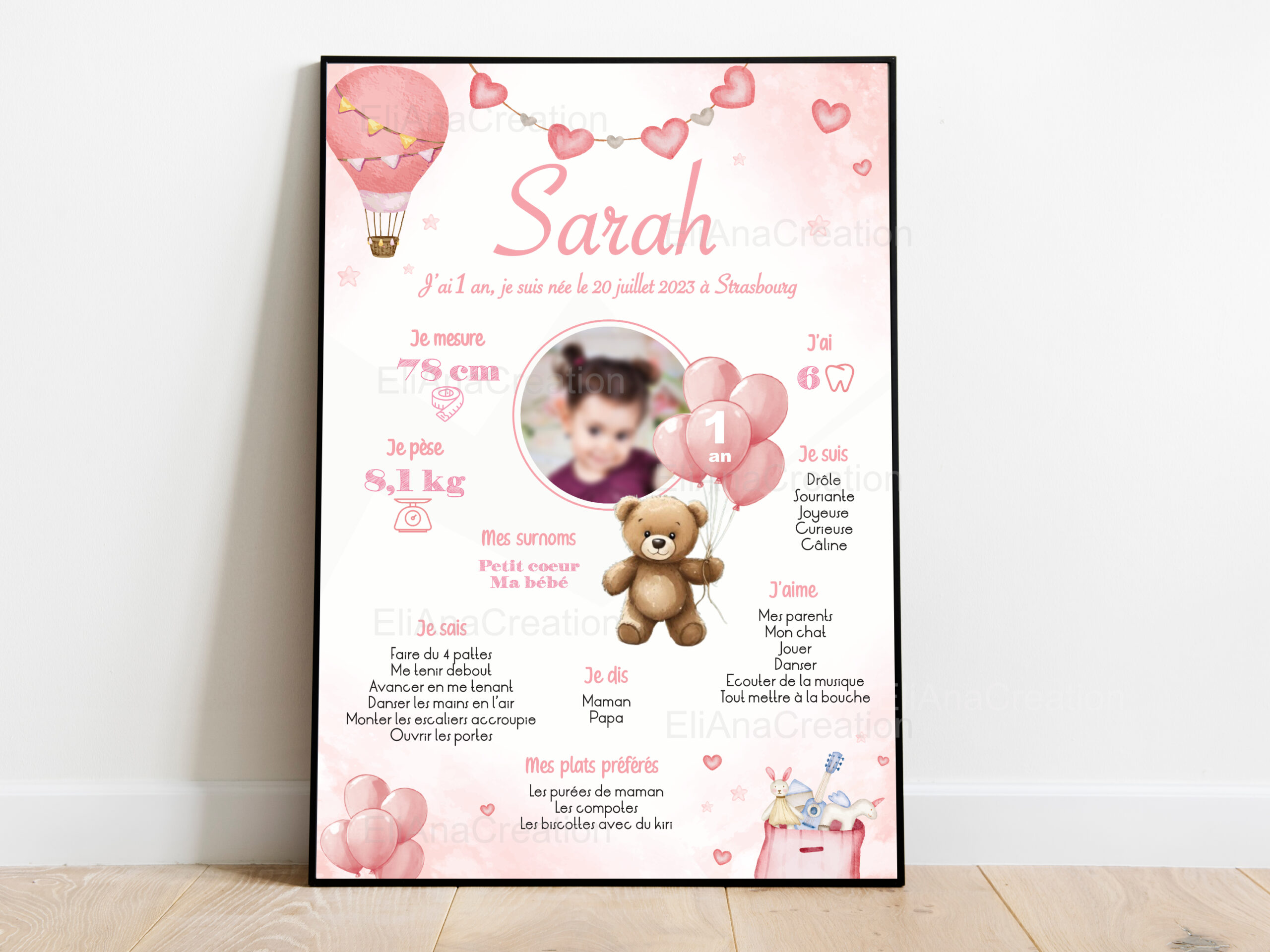 Affiche Anniversaire Ourson rose