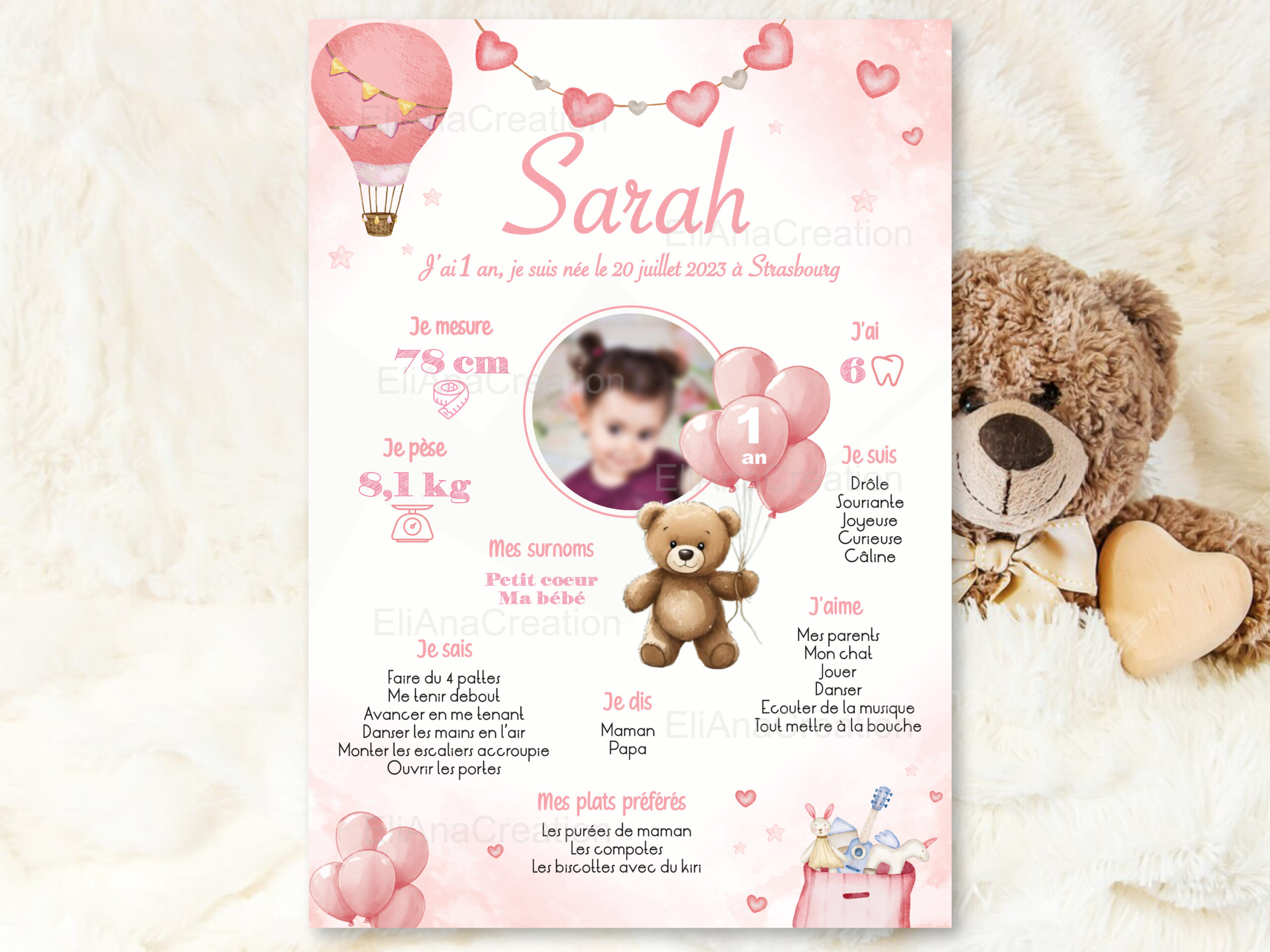 Affiche Anniversaire Ourson rose