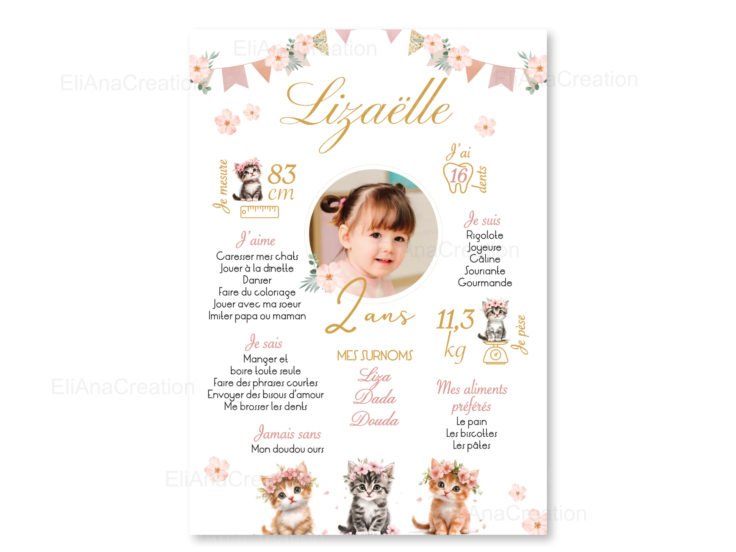 Affiche Anniversaire - Thème Chats & Fleurs
