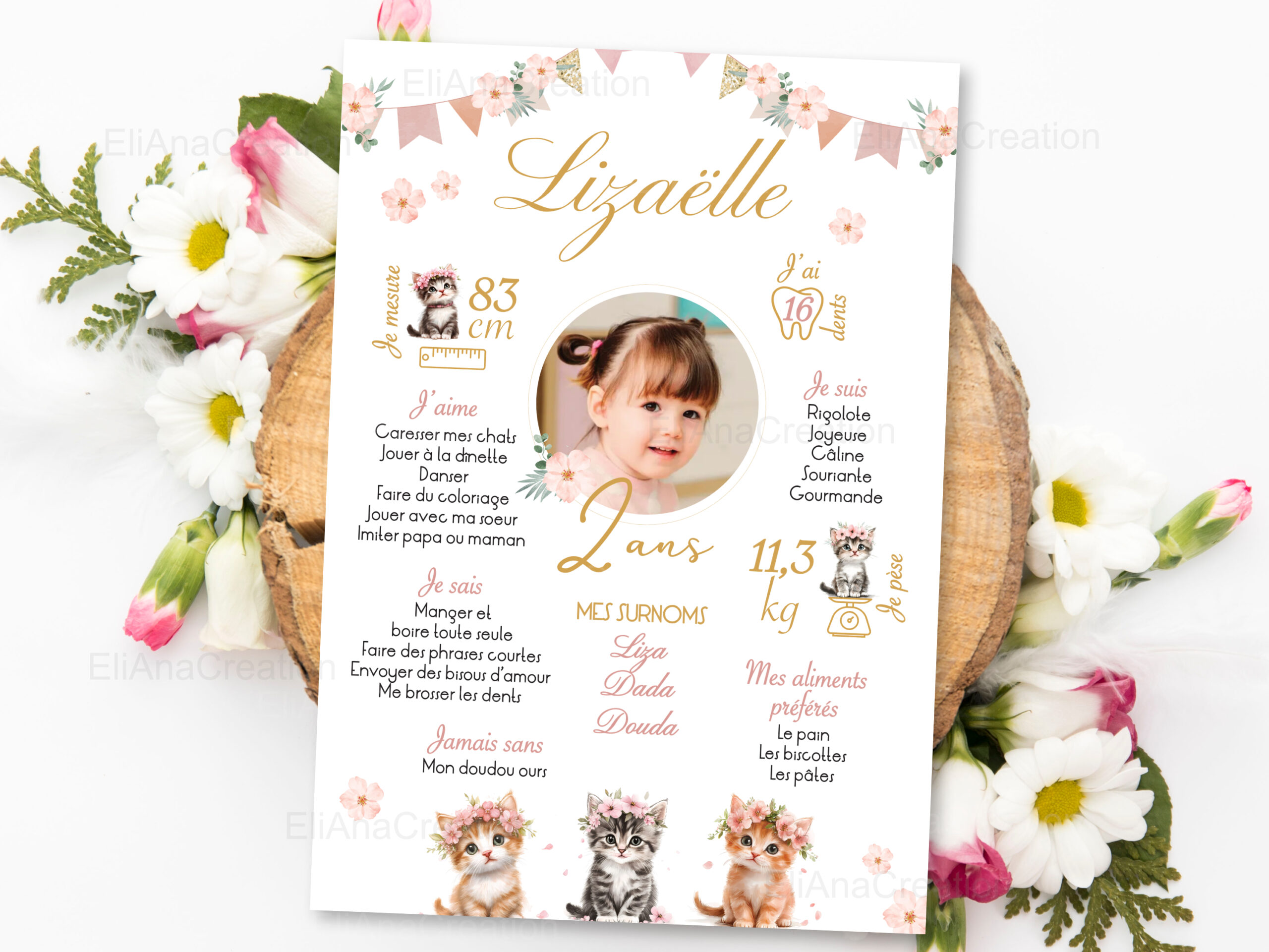Affiche Anniversaire - Thème Chats & Fleurs