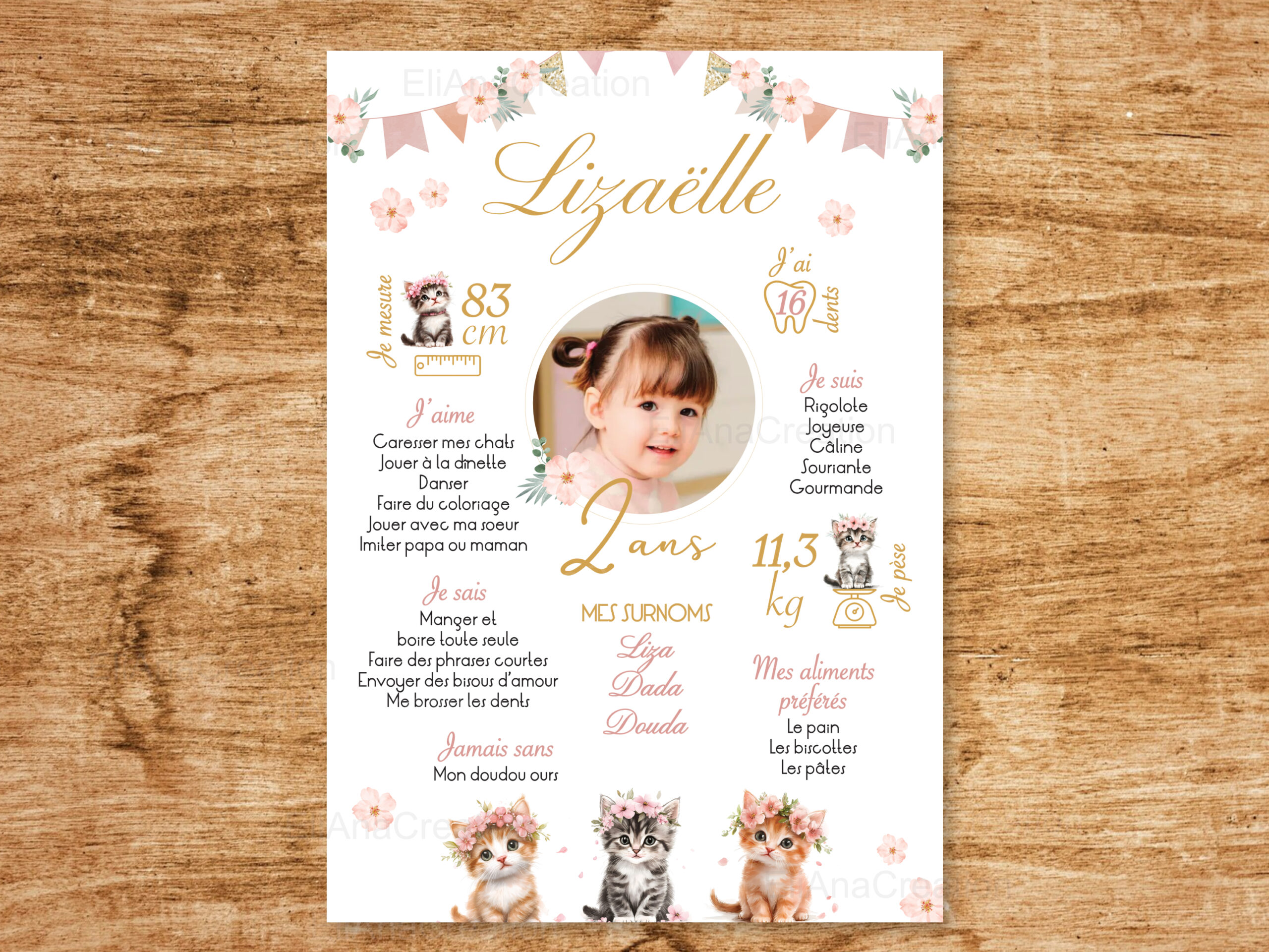 Affiche Anniversaire - Thème Chats & Fleurs
