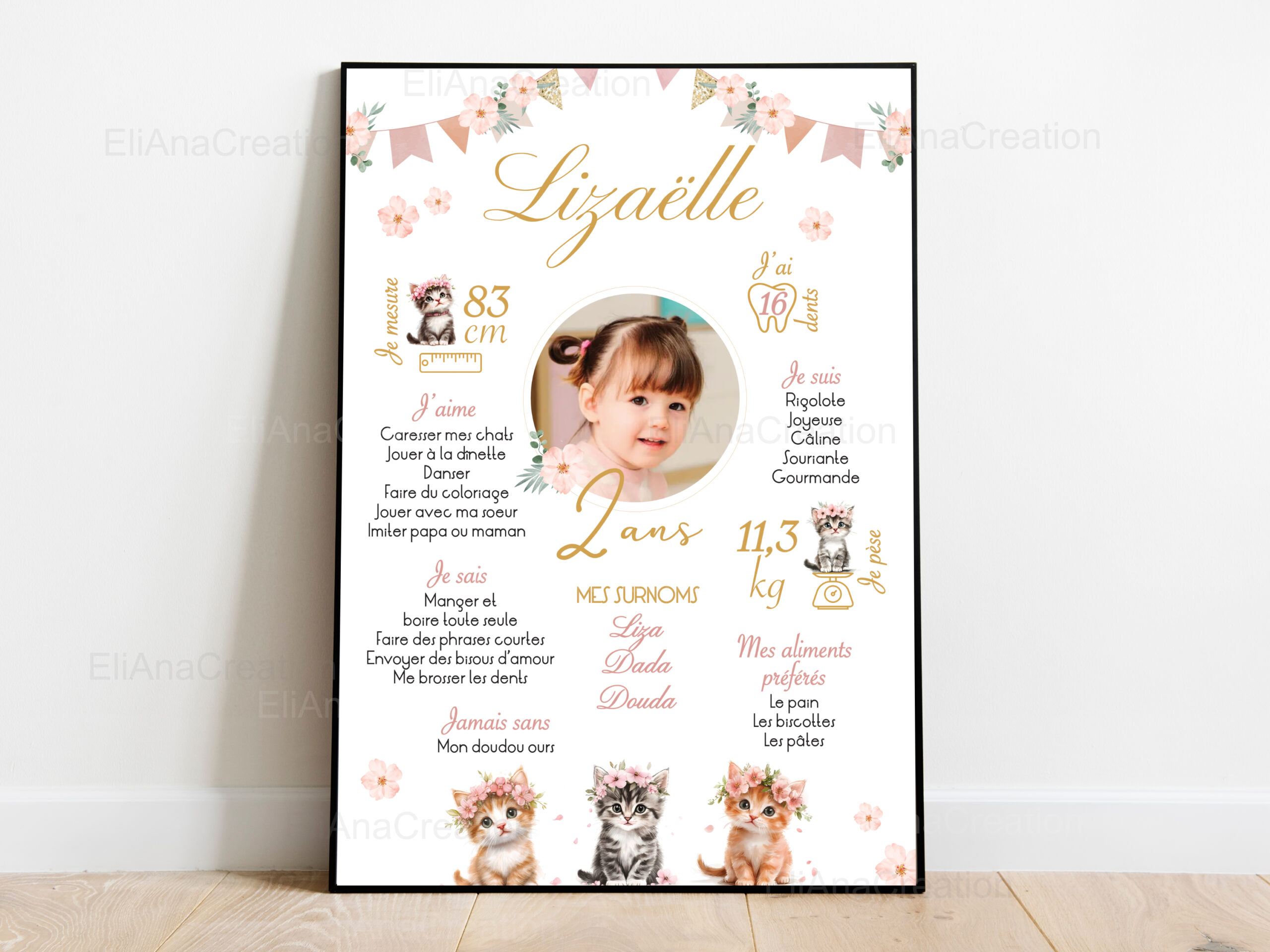 Affiche Anniversaire - Thème Chats & Fleurs