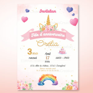 Invitation - Thème Licorne