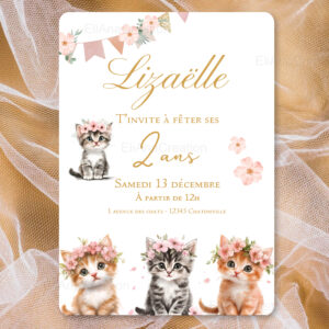 Invitation - Thème Chats & Fleurs