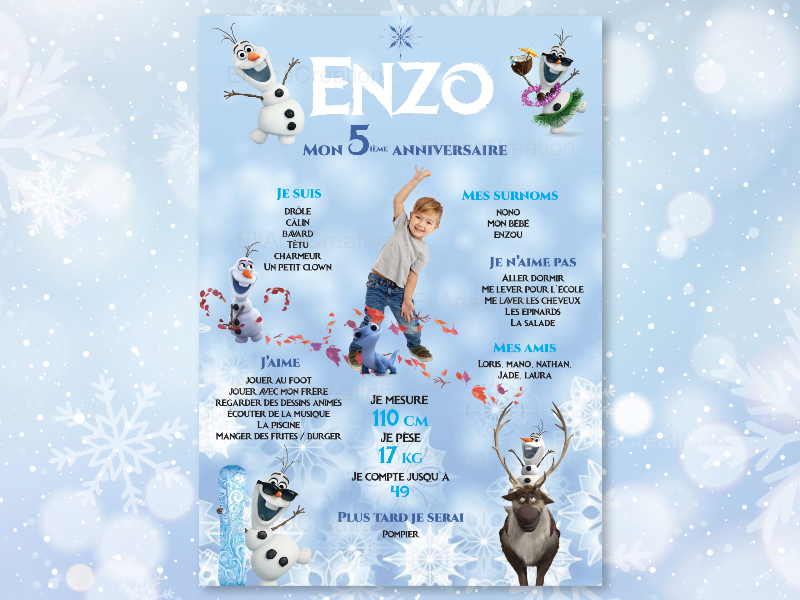 Affiche anniversaire - Thème Reine des Neiges - Olaf