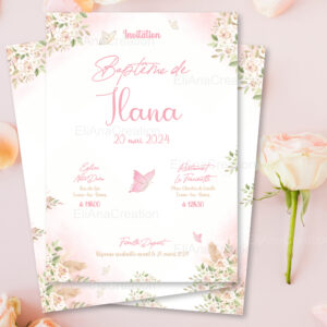 Faire-Part - Thème Papillons & Fleurs roses