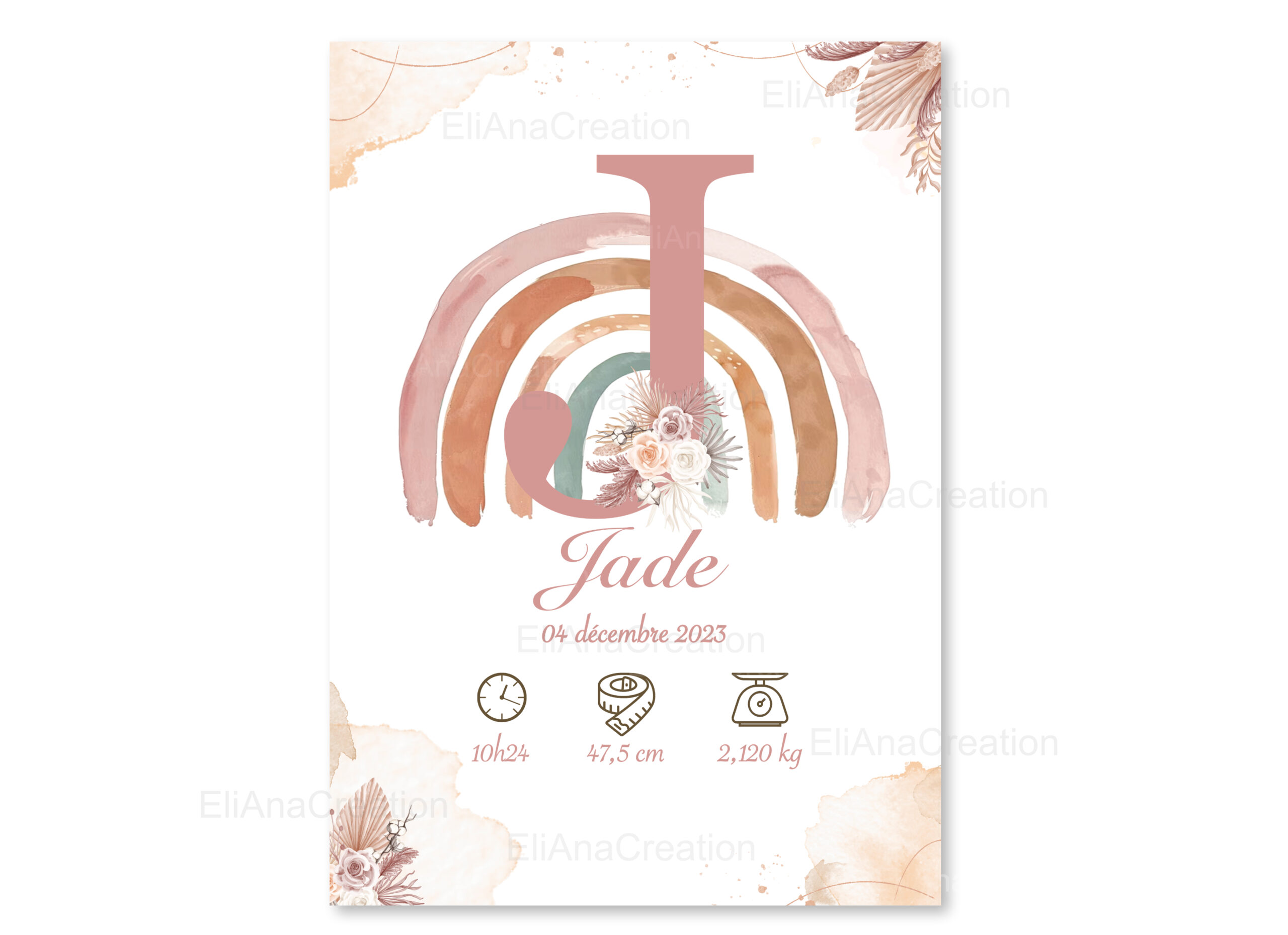 Affiche naissance - Thème Arc-en-Ciel & Fleurs