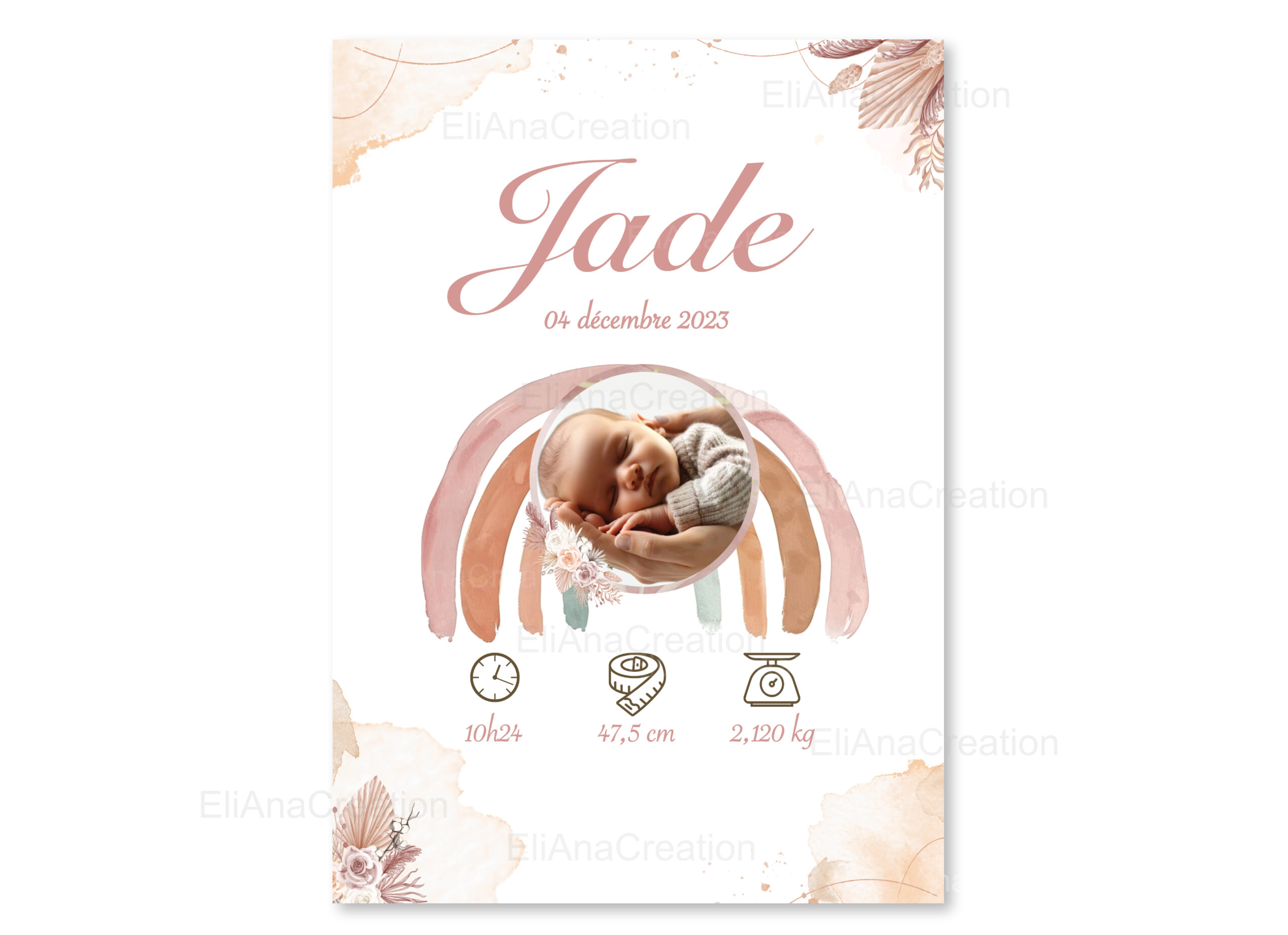 Affiche naissance - Thème Arc-en-Ciel & Fleurs