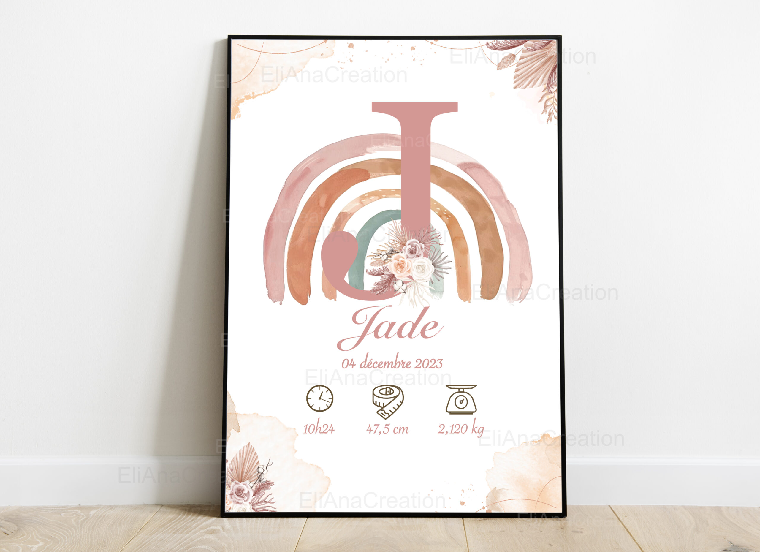 Affiche naissance - Thème Arc-en-Ciel & Fleurs