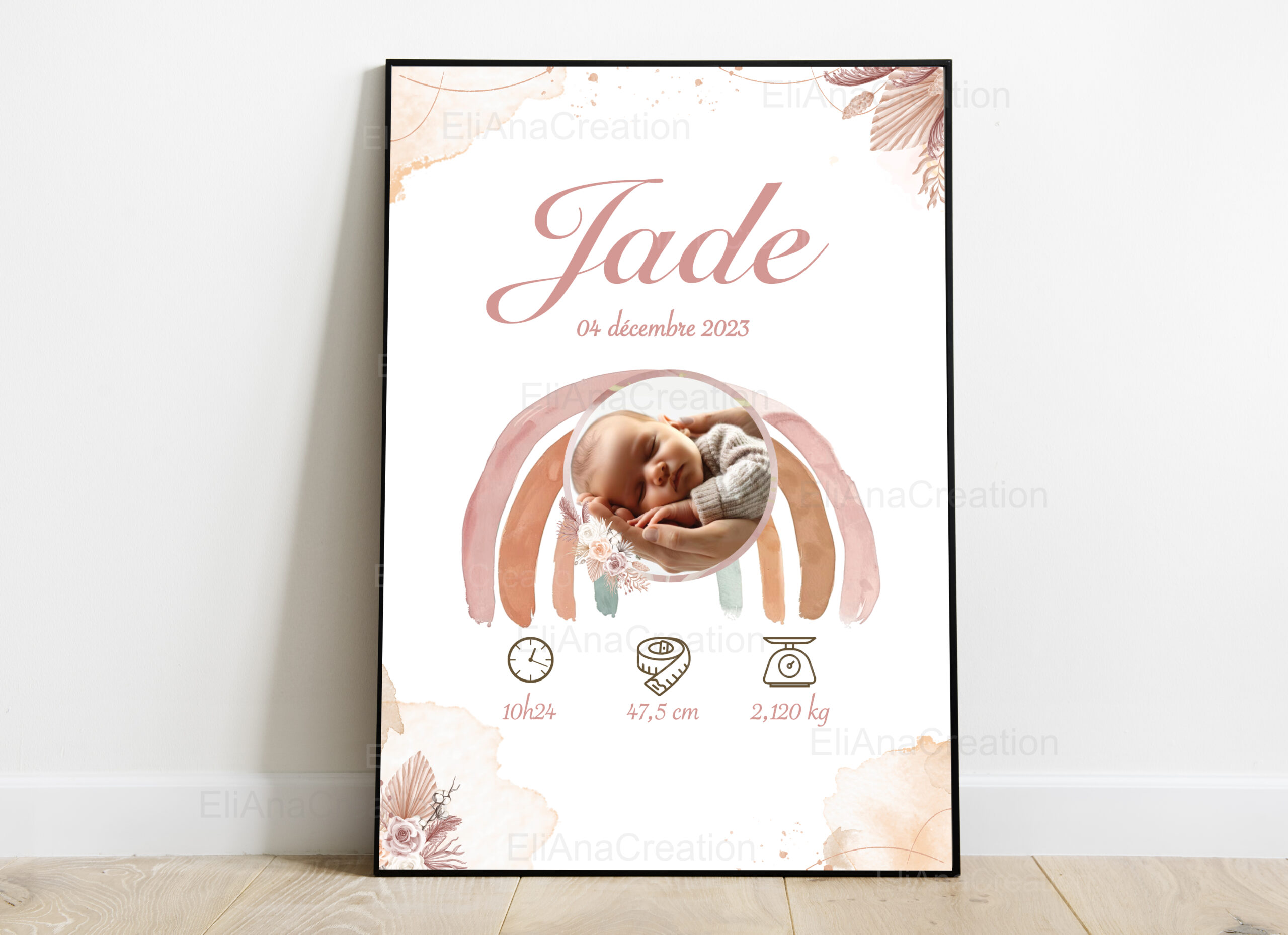 Affiche naissance - Thème Arc-en-Ciel & Fleurs