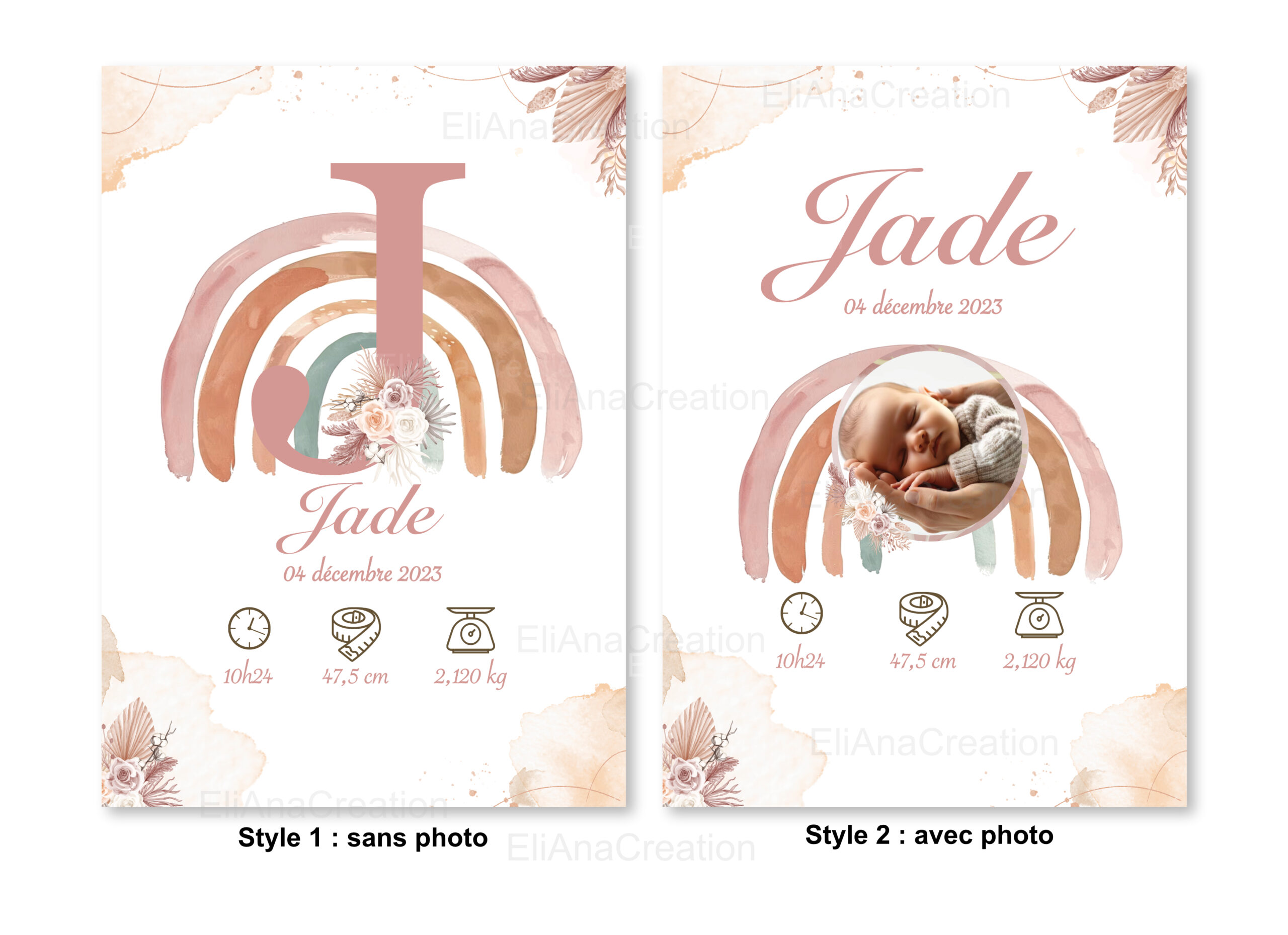 Affiche naissance - Thème Arc-en-Ciel & Fleurs