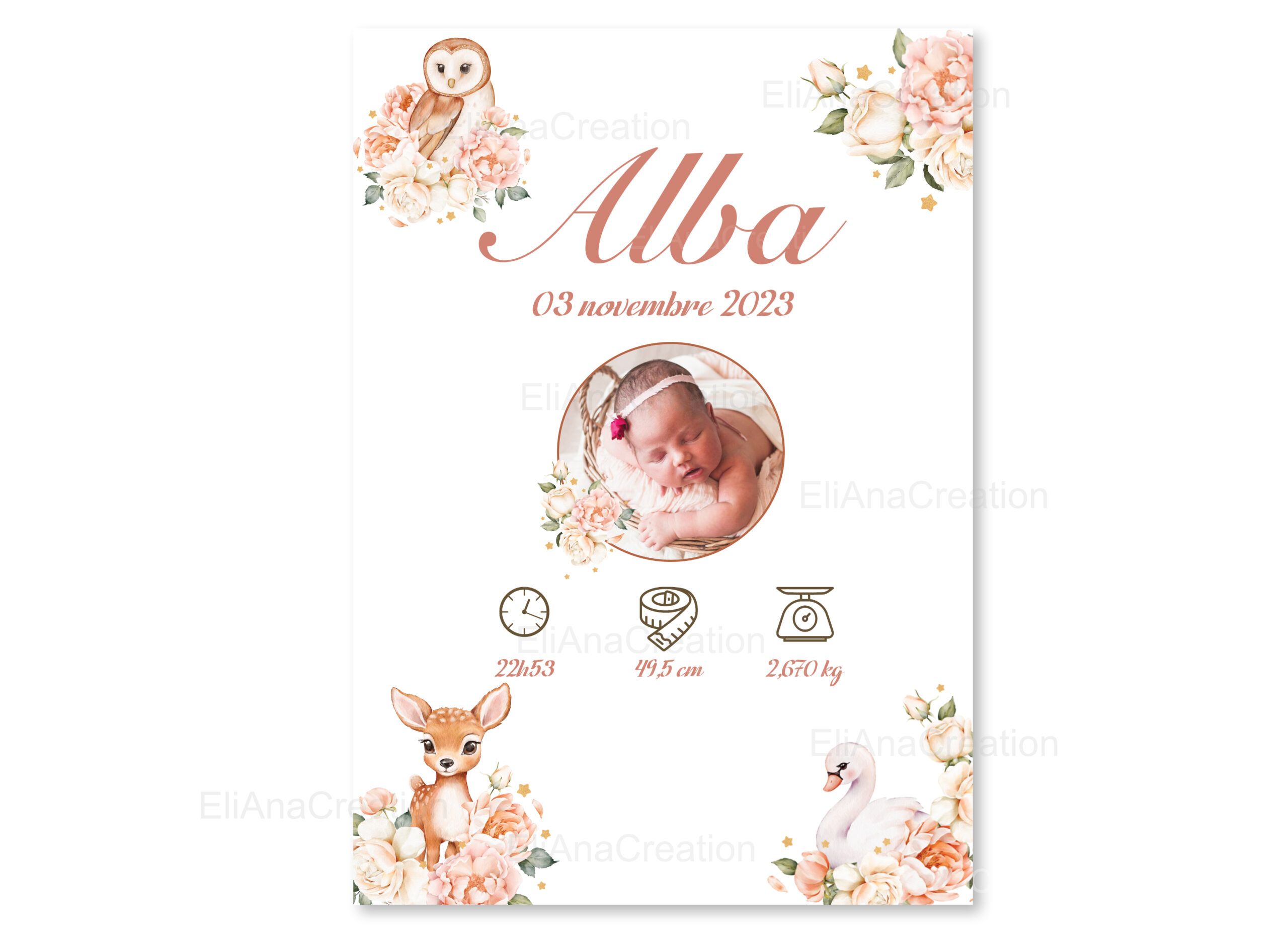 Affiche naissance - Thème Animaux en fleurs