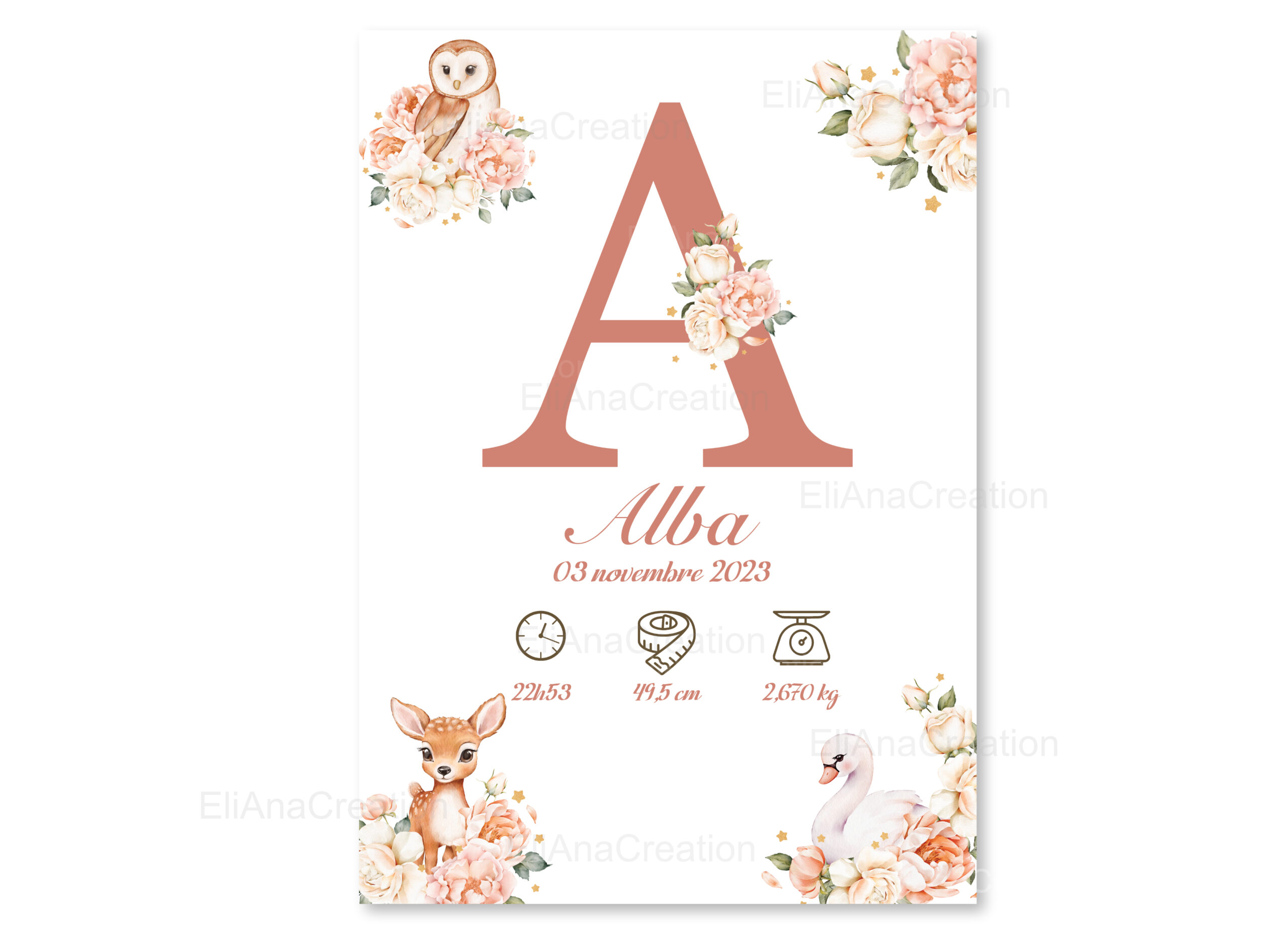 Affiche naissance - Thème Animaux en fleurs
