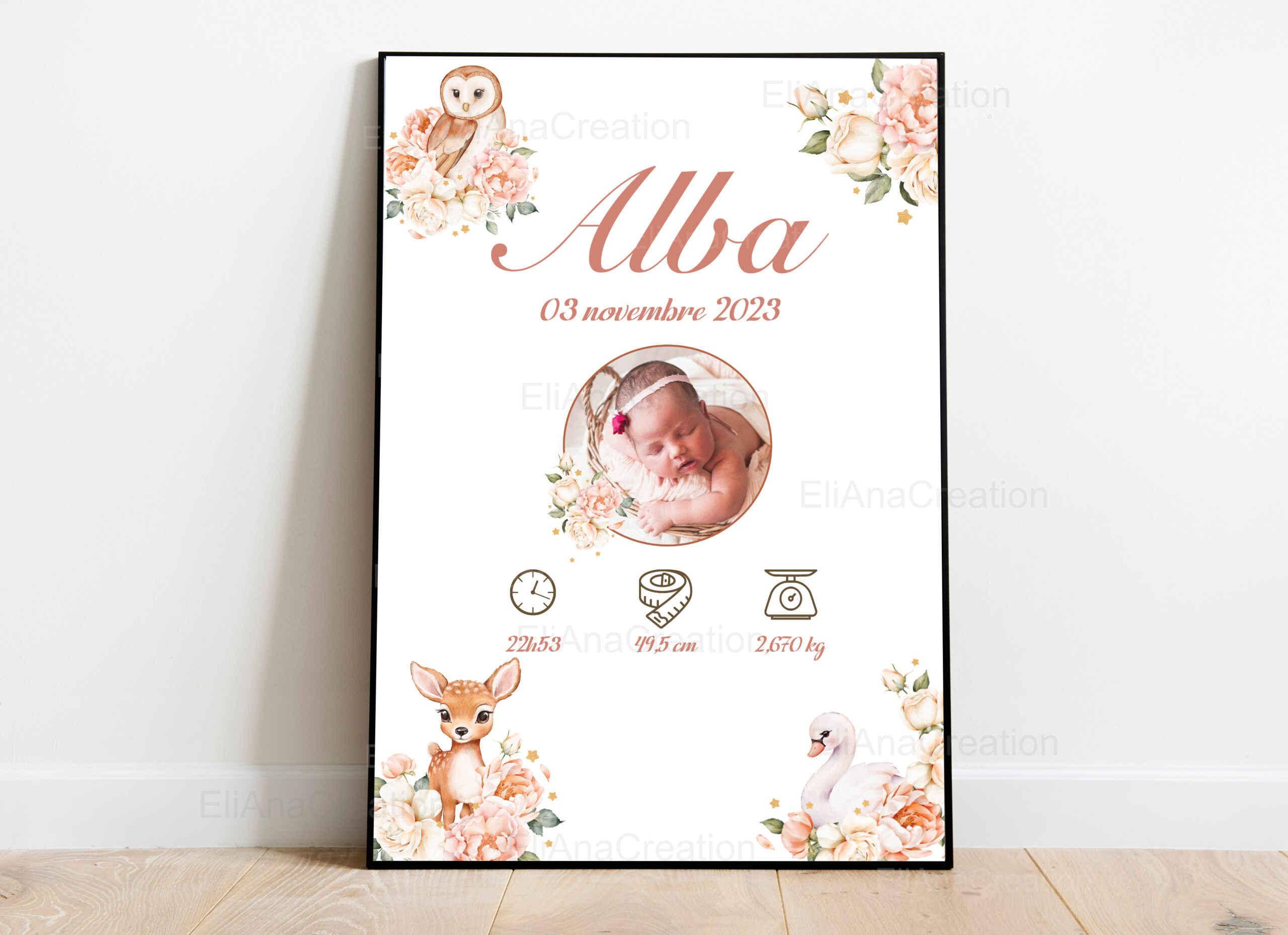 Affiche naissance - Thème Animaux en fleurs