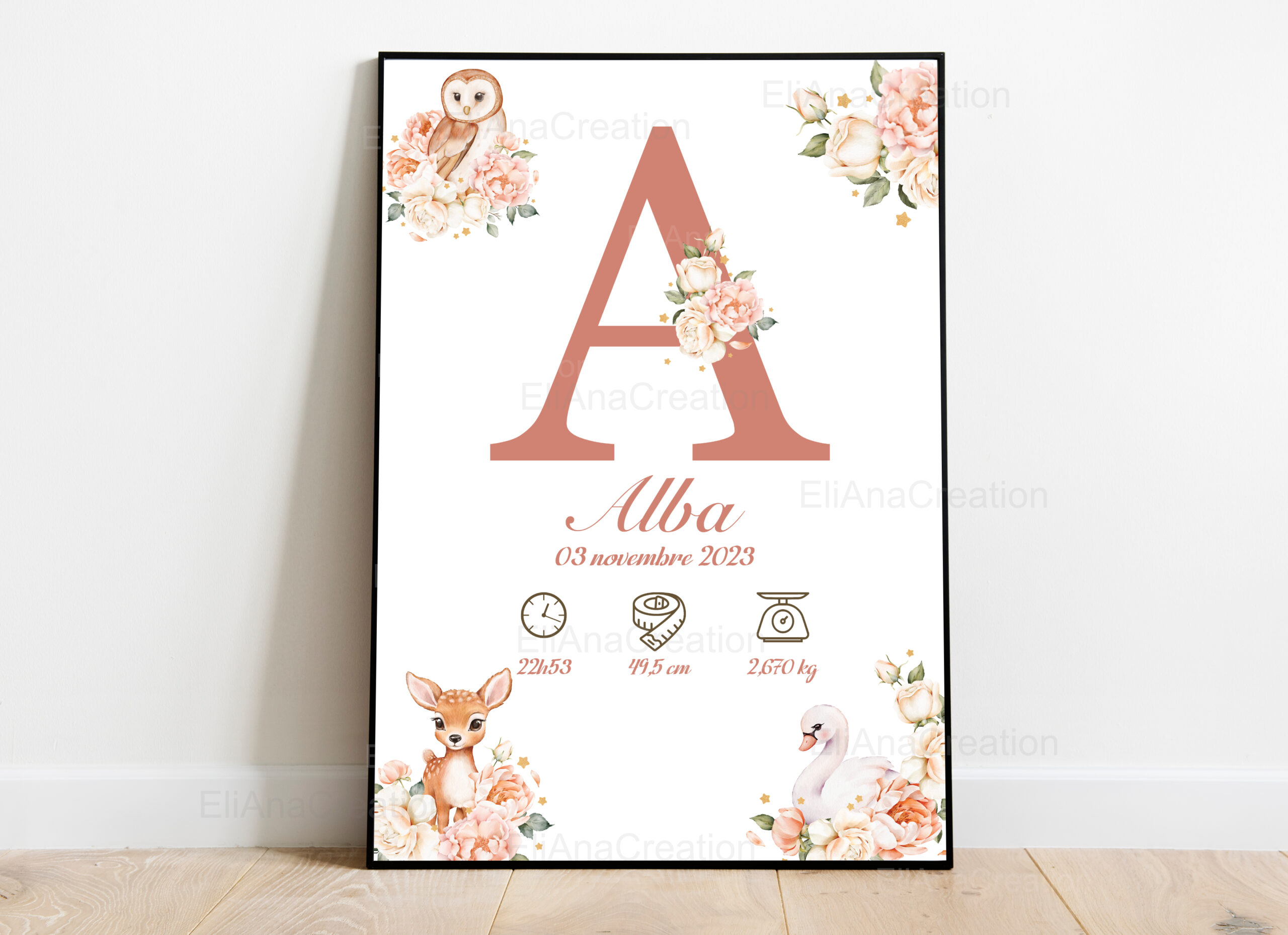 Affiche naissance - Thème Animaux en fleurs