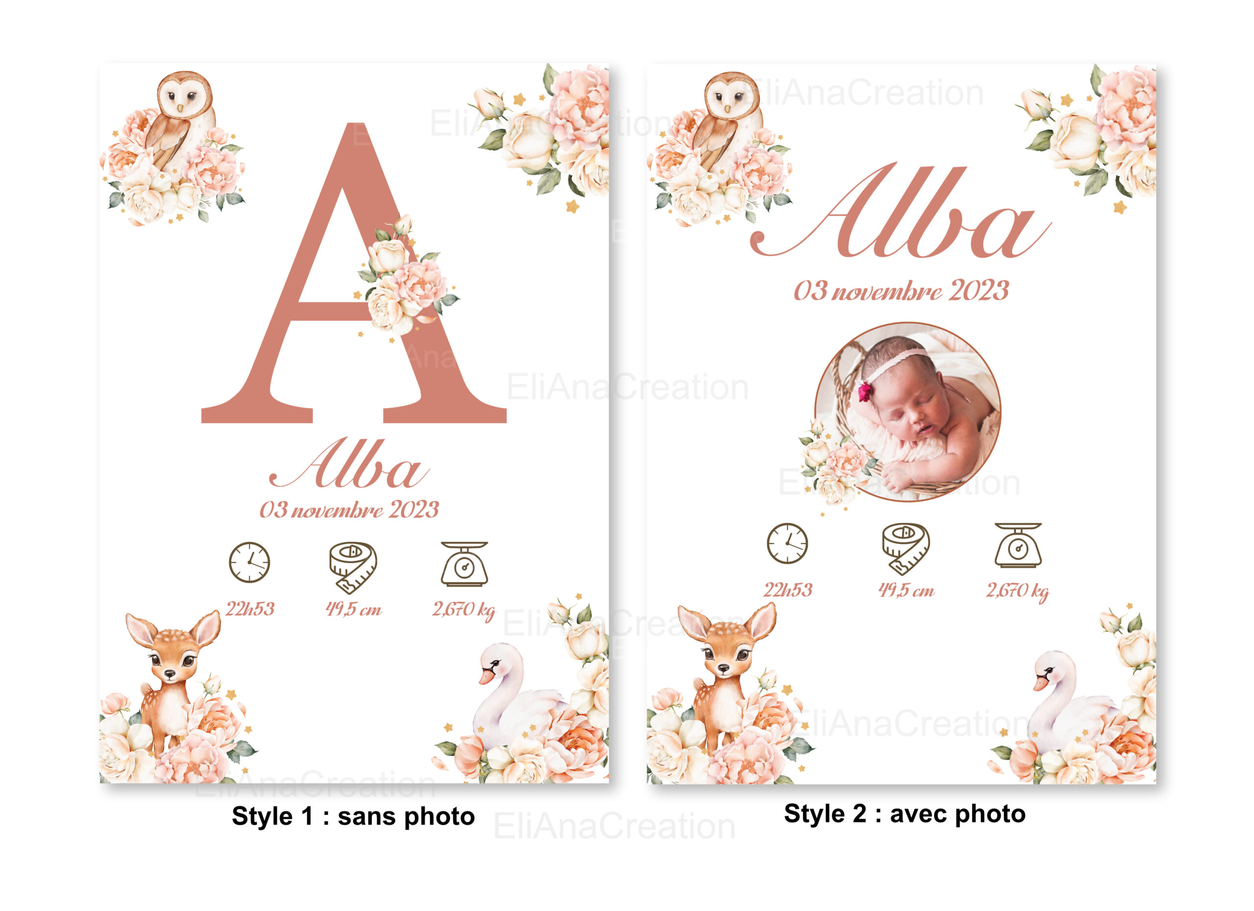 Affiche naissance - Thème Animaux en fleurs