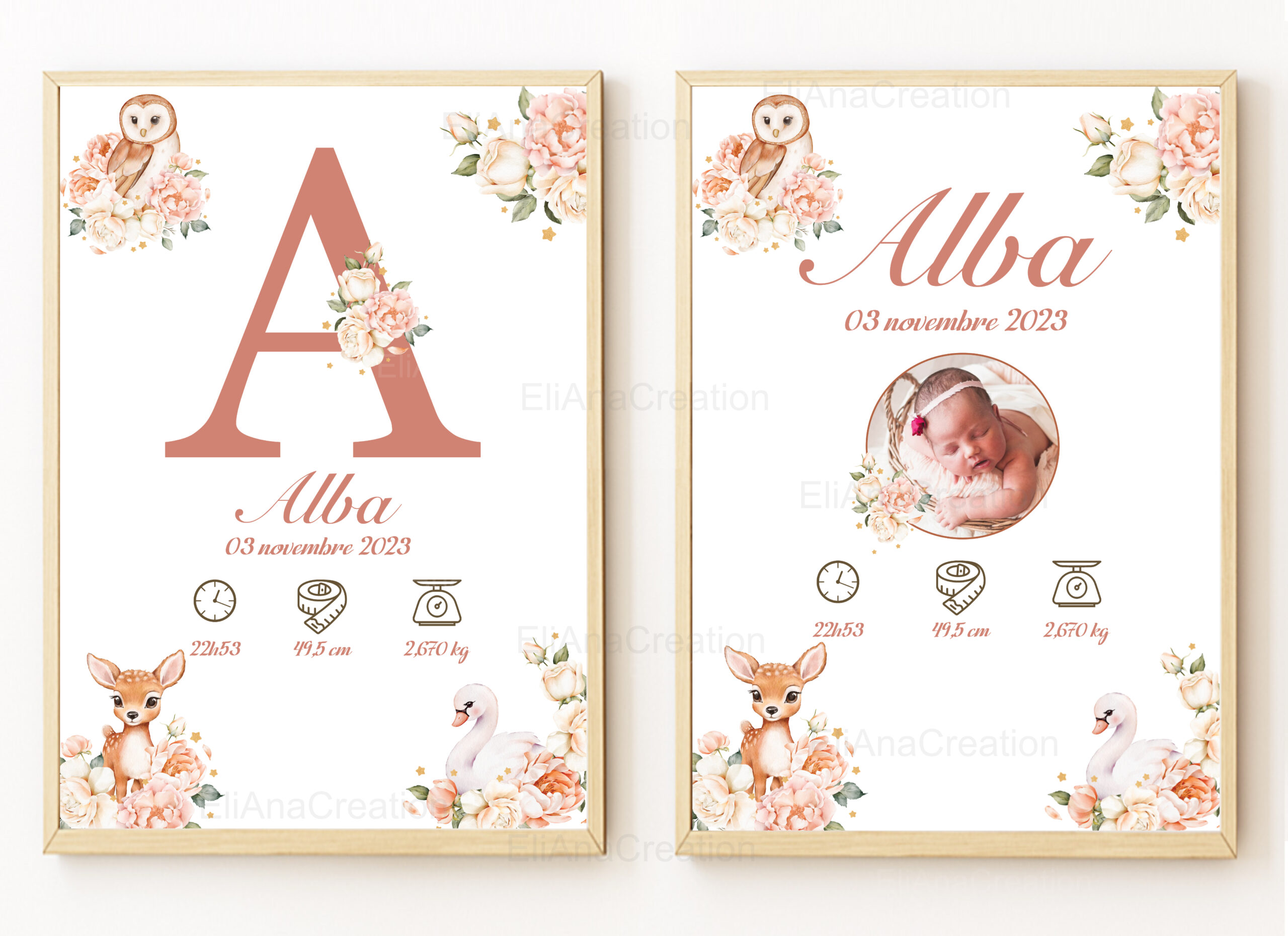 Affiche naissance - Thème Animaux en fleurs