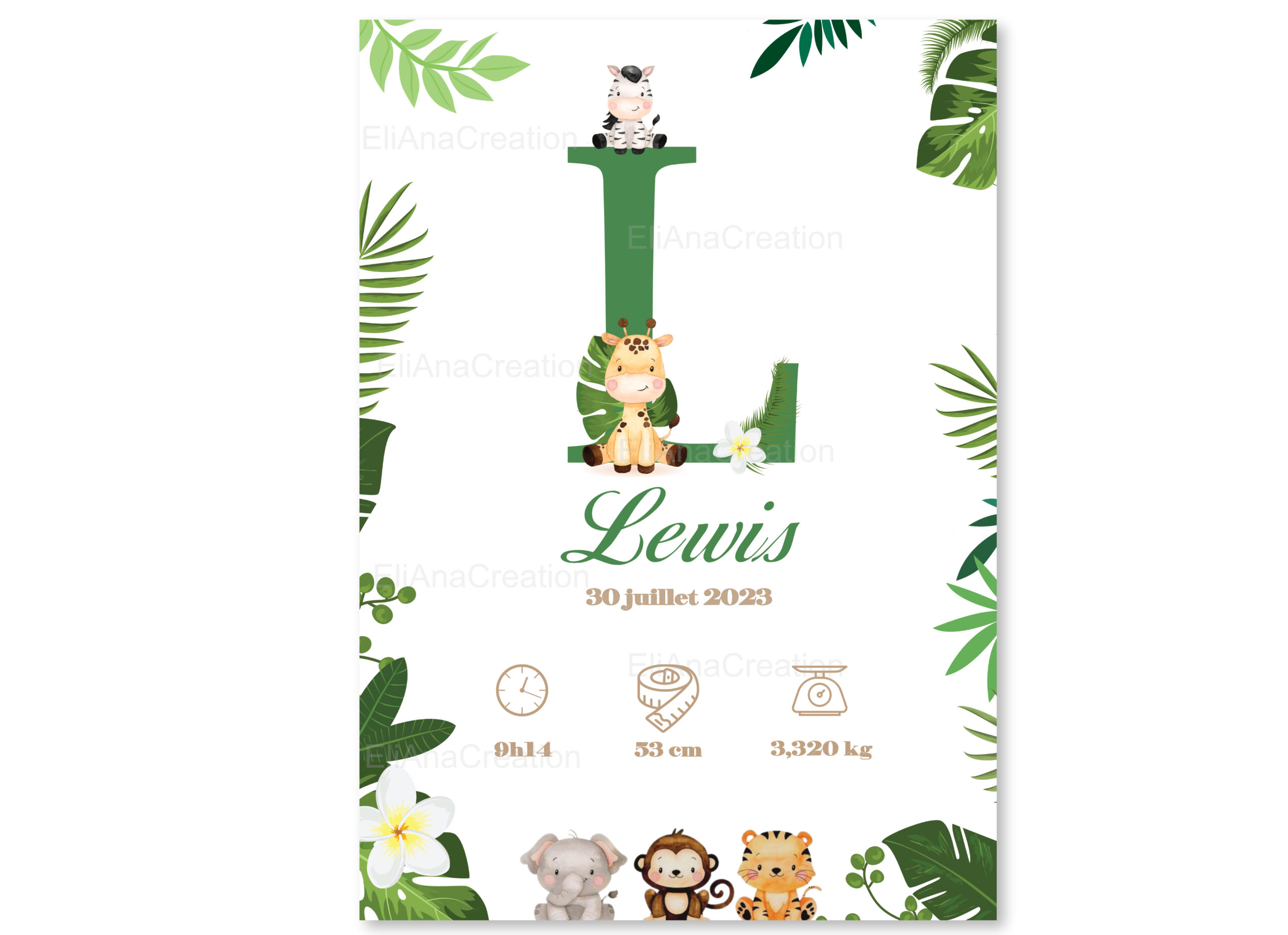 Affiche naissance - Thème Animaux de la Jungle