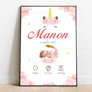 Affiche naissance - Thème Licorne & Fleurs