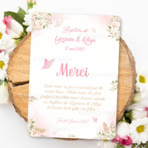 Carte Remerciement Baptême - Thème Papillons & Fleurs
