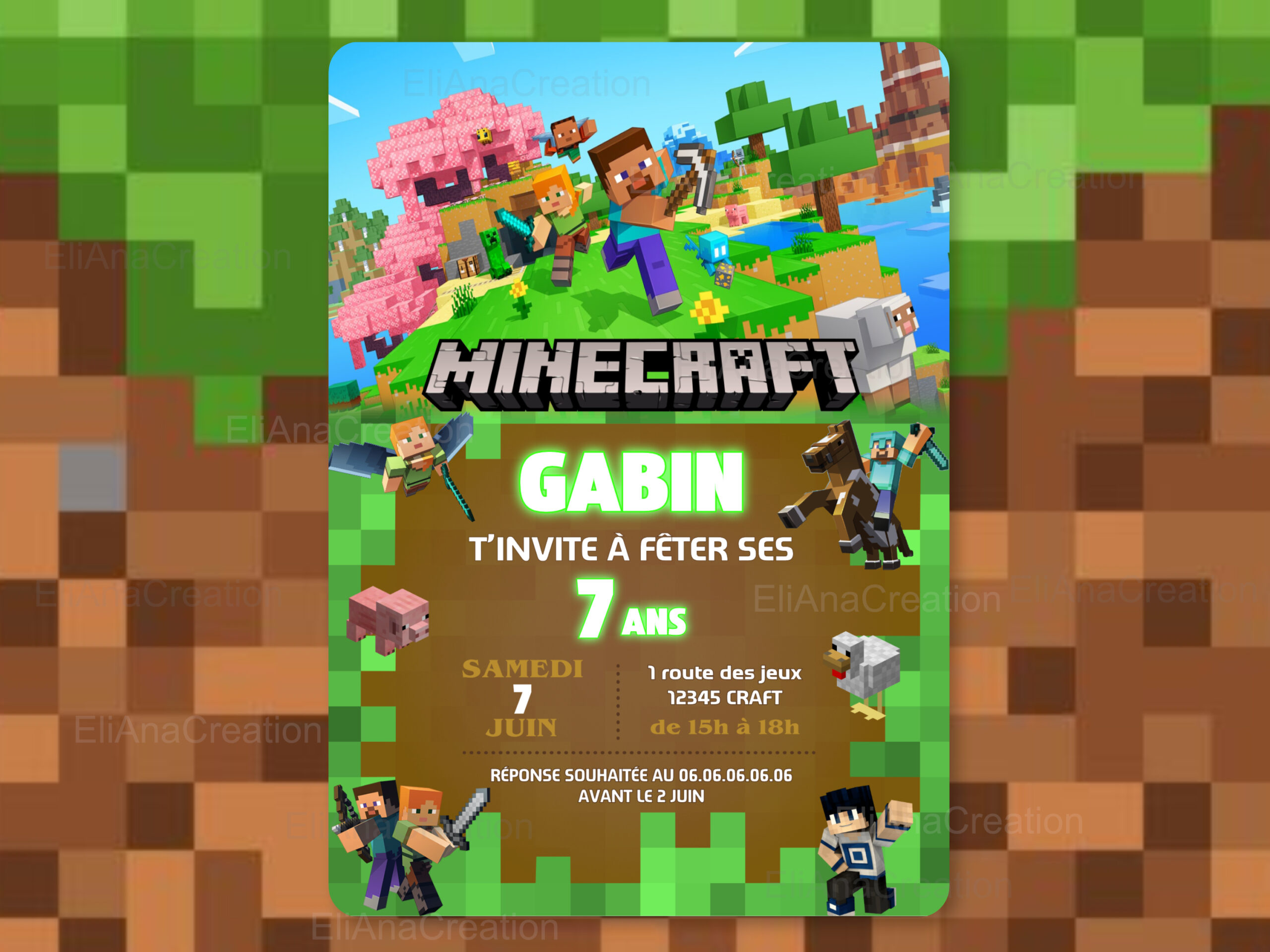 Invitation anniversaire personnalisée - Thème Minecraft