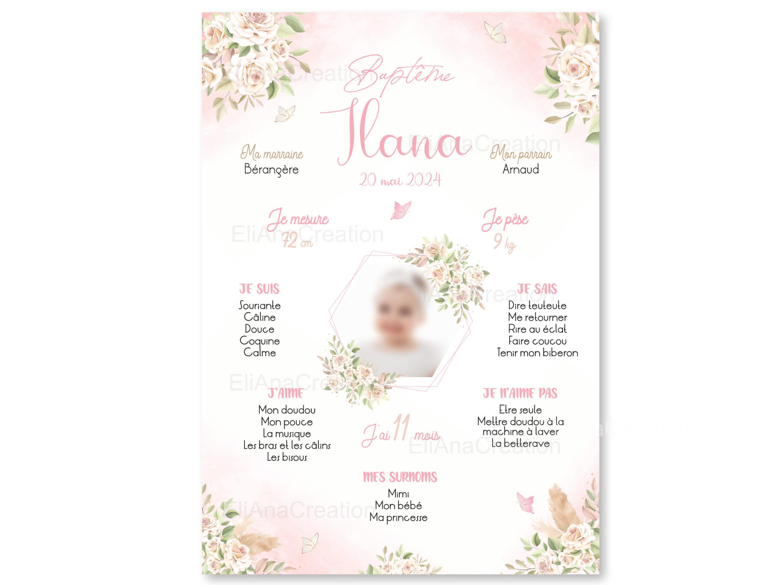 Affiche souvenir Baptême - Thème Papillons & Fleurs