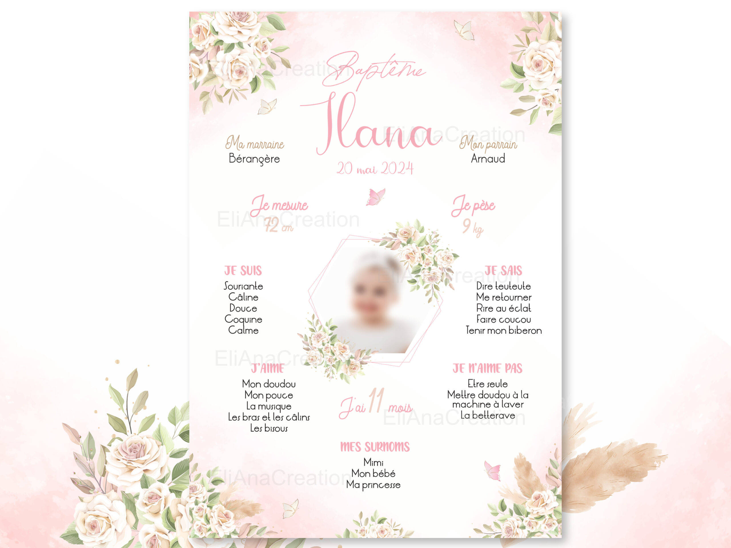 Affiche souvenir Baptême - Thème Papillons & Fleurs