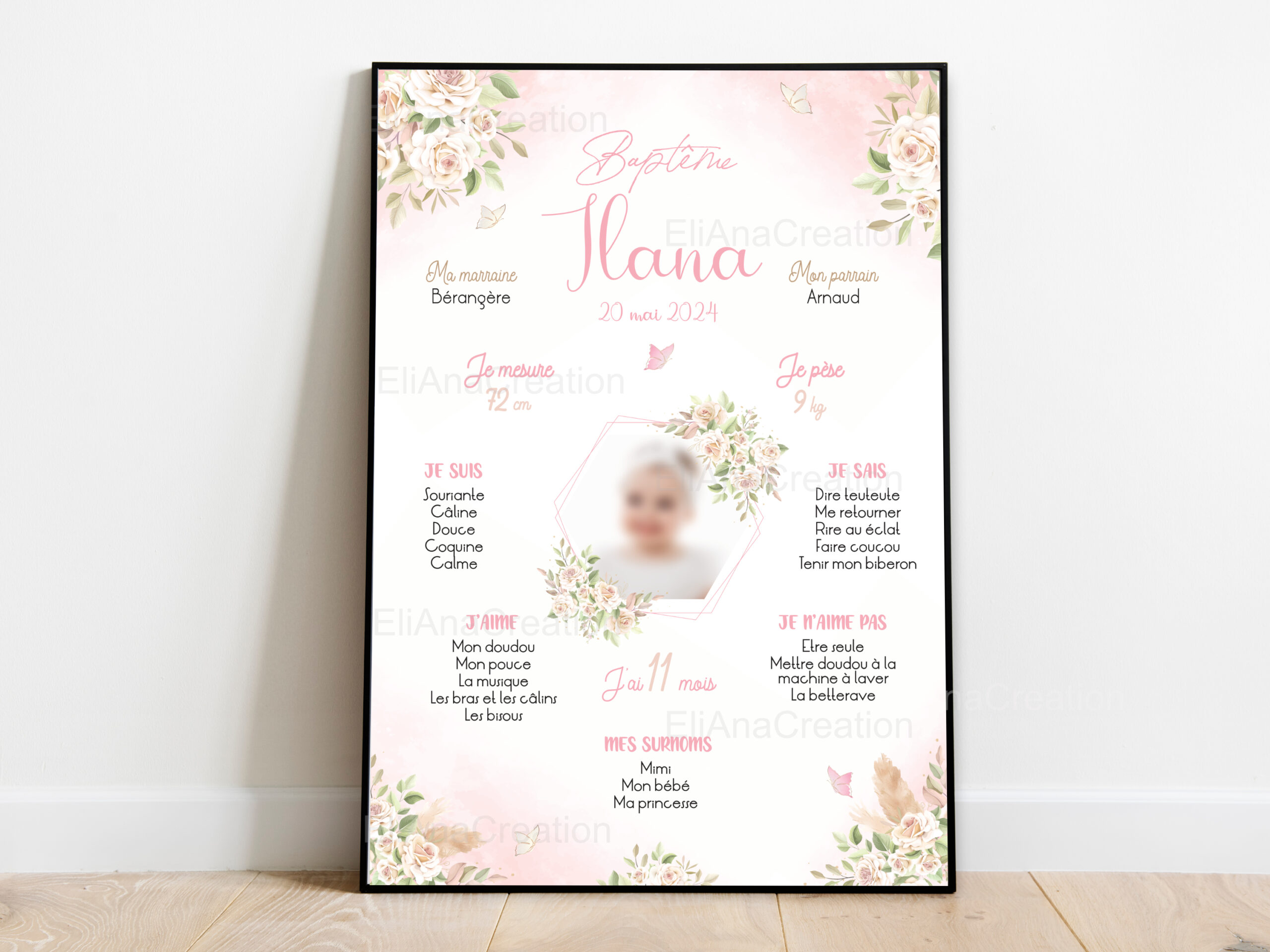 Affiche souvenir Baptême - Thème Papillons & Fleurs